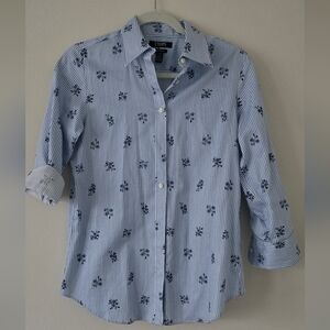 Chaps, Small, Pleated Striped Button Down Shirt for Women